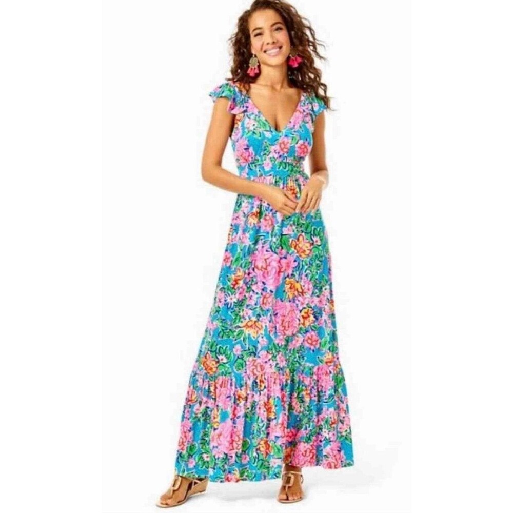 LILLY PULITZER SIZE 2 VYRA F&F MAXI DRESS *ROSE TO THE OCCASION* MULTI